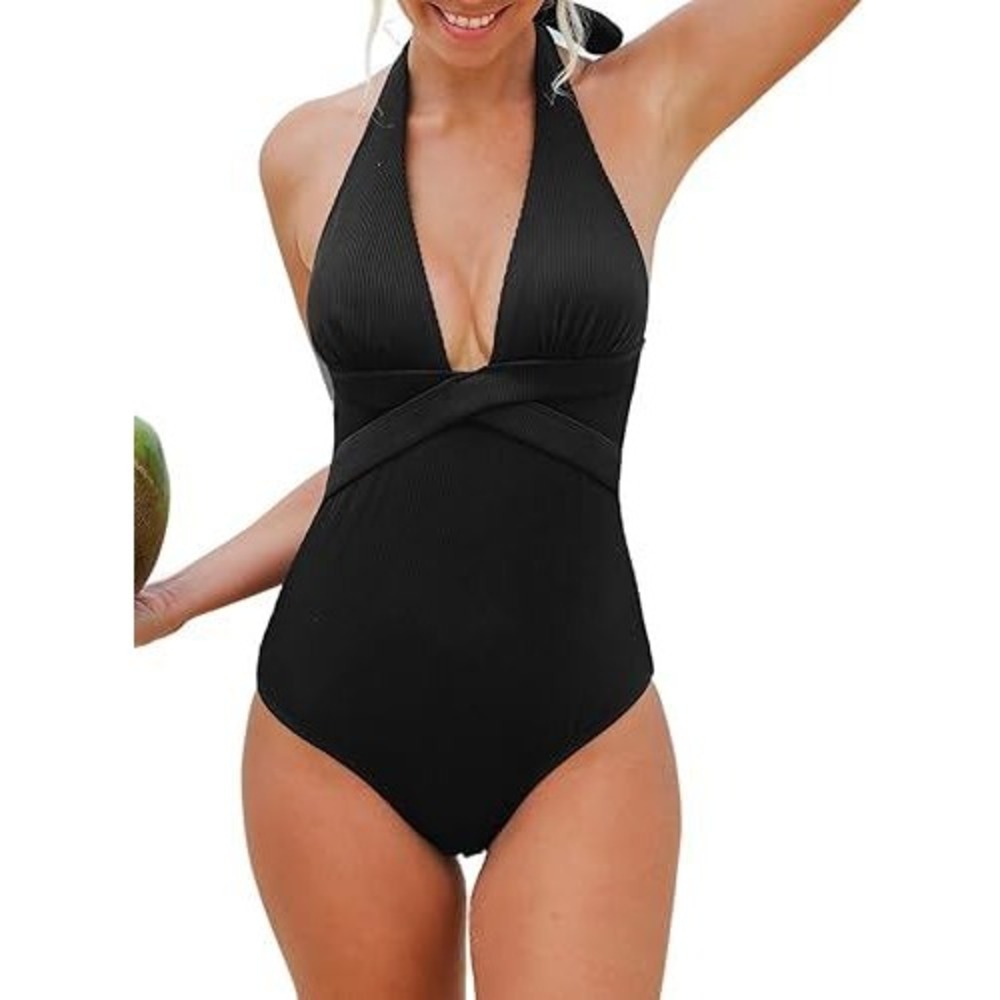 Halter One Piece Swimsuit Criss Cross‎ Front Bathing Suit Black